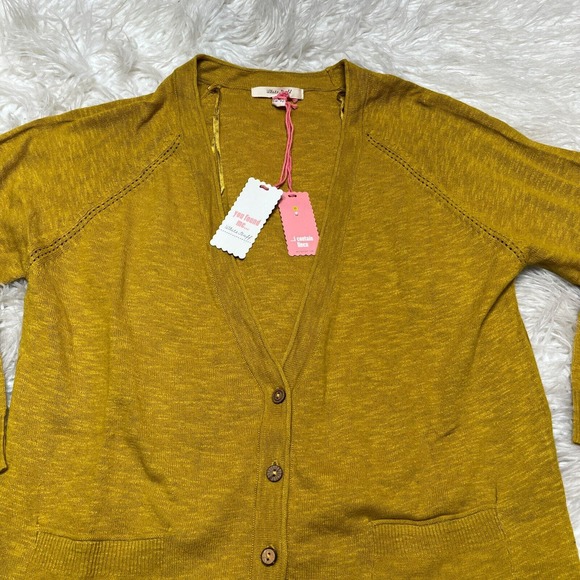 WHITE STUFF ANCHOR MARL WOMENS CARDIGAN MUSTARD YELLOW SWEATER LINEN - Picture 2 of 5